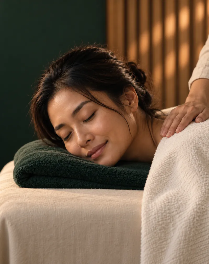 A woman resting with her eyes closed and her cheek on a folded green towel while a therapist rests a hand on her shoulder