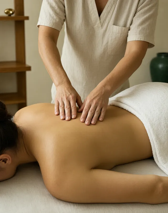 A therapist's hands working along the upper back of a client on a treatment table